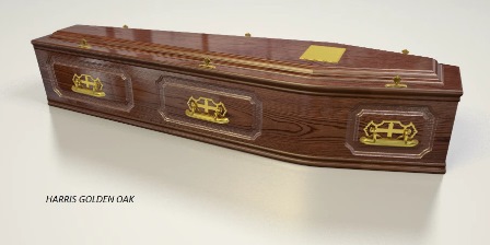 Harris coffin in golden oak finish